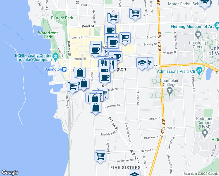 map of restaurants, bars, coffee shops, grocery stores, and more near 162 Maple Street in Burlington