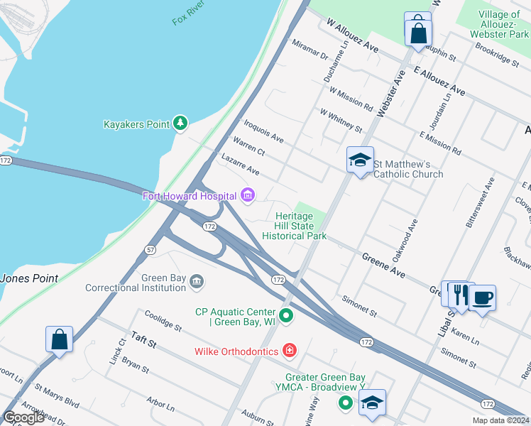 map of restaurants, bars, coffee shops, grocery stores, and more near 2640 South Webster Avenue in Green Bay