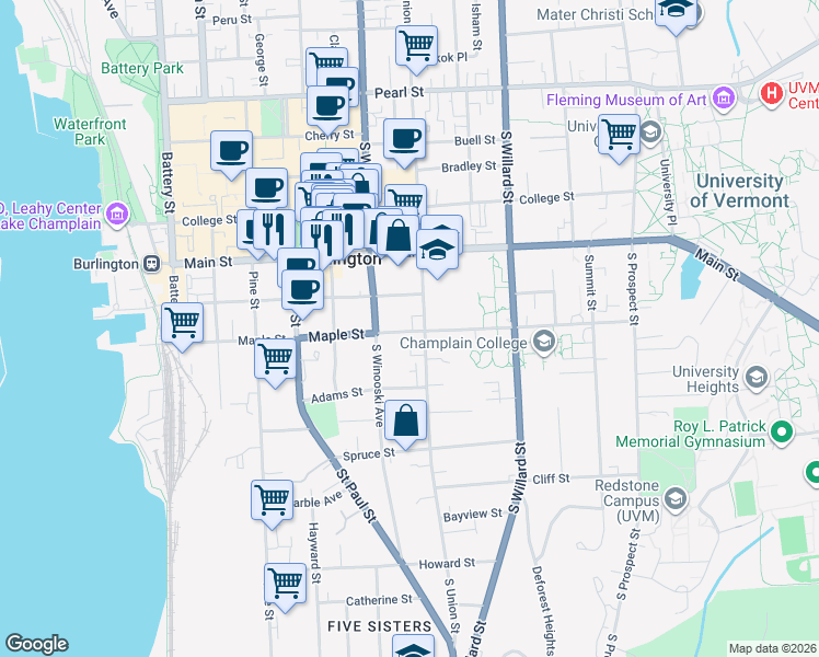 map of restaurants, bars, coffee shops, grocery stores, and more near 231 South Union Street in Burlington