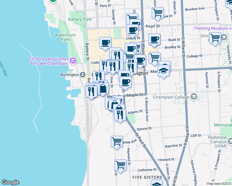 map of restaurants, bars, coffee shops, grocery stores, and more near 111 Maple Street in Burlington