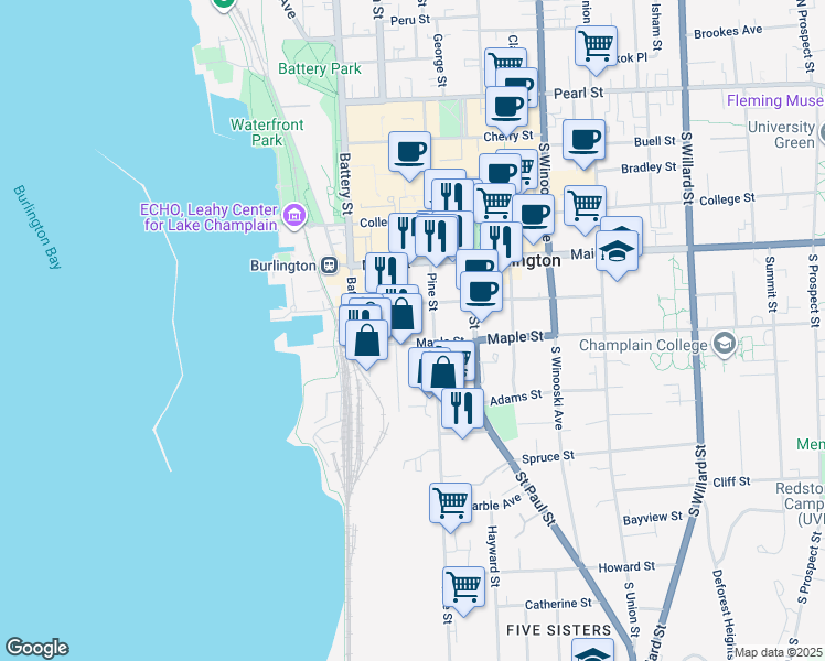 map of restaurants, bars, coffee shops, grocery stores, and more near 81 Maple Street in Burlington