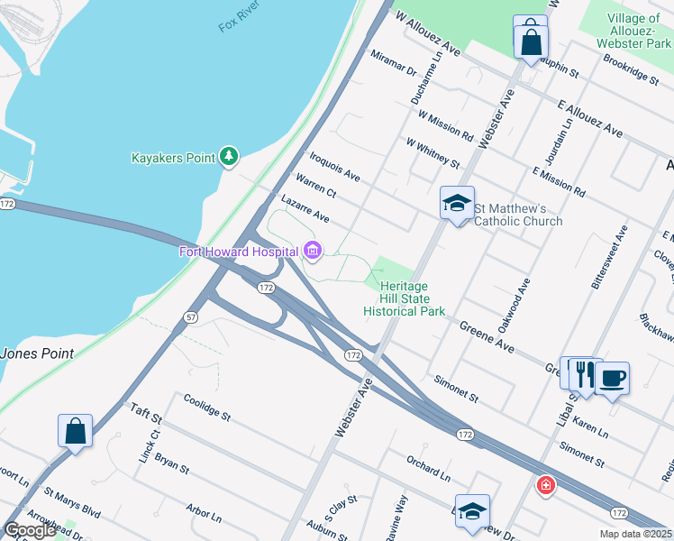 map of restaurants, bars, coffee shops, grocery stores, and more near 2640 S Webster Ave in Green Bay