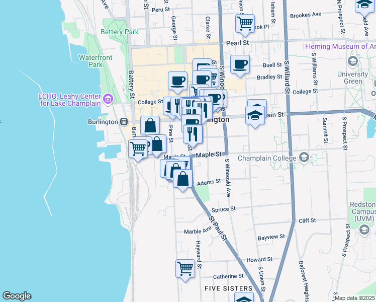 map of restaurants, bars, coffee shops, grocery stores, and more near 195 Saint Paul Street in Burlington