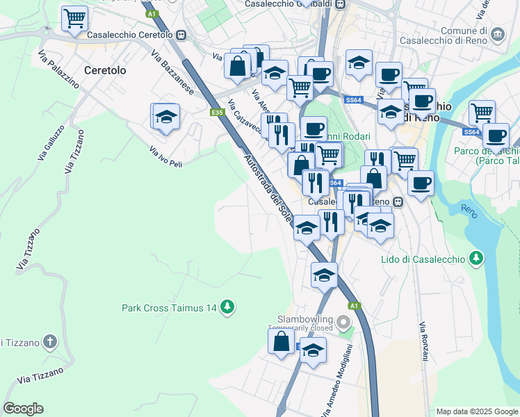 map of restaurants, bars, coffee shops, grocery stores, and more near 23 Via L. da Vinci in Casalecchio di Reno