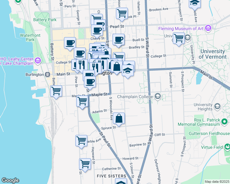 map of restaurants, bars, coffee shops, grocery stores, and more near 228 Maple Street in Burlington