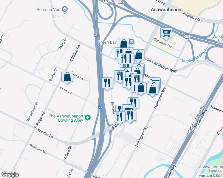 map of restaurants, bars, coffee shops, grocery stores, and more near Ramada Way in Green Bay