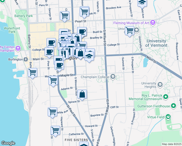 map of restaurants, bars, coffee shops, grocery stores, and more near 295 Maple Street in Burlington