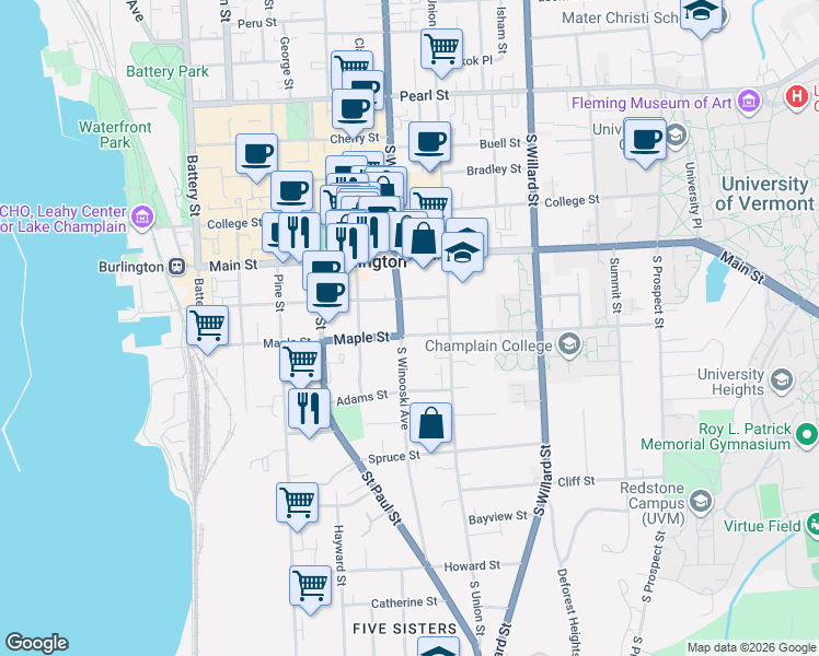 map of restaurants, bars, coffee shops, grocery stores, and more near 230 South Winooski Avenue in Burlington