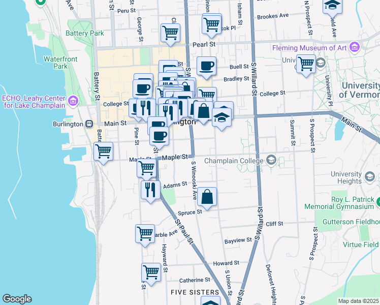 map of restaurants, bars, coffee shops, grocery stores, and more near 230 South Winooski Avenue in Burlington