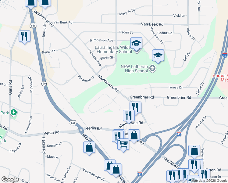 map of restaurants, bars, coffee shops, grocery stores, and more near 2503 Wandering Springs Street in Green Bay