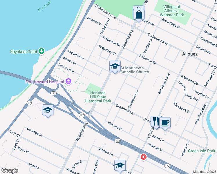 map of restaurants, bars, coffee shops, grocery stores, and more near 2608 Beaumont Street in Green Bay