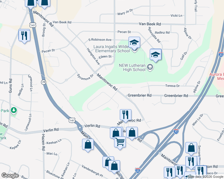 map of restaurants, bars, coffee shops, grocery stores, and more near 2503 Wandering Springs Street in Green Bay