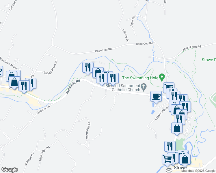 map of restaurants, bars, coffee shops, grocery stores, and more near 990 Mountain Road in Stowe