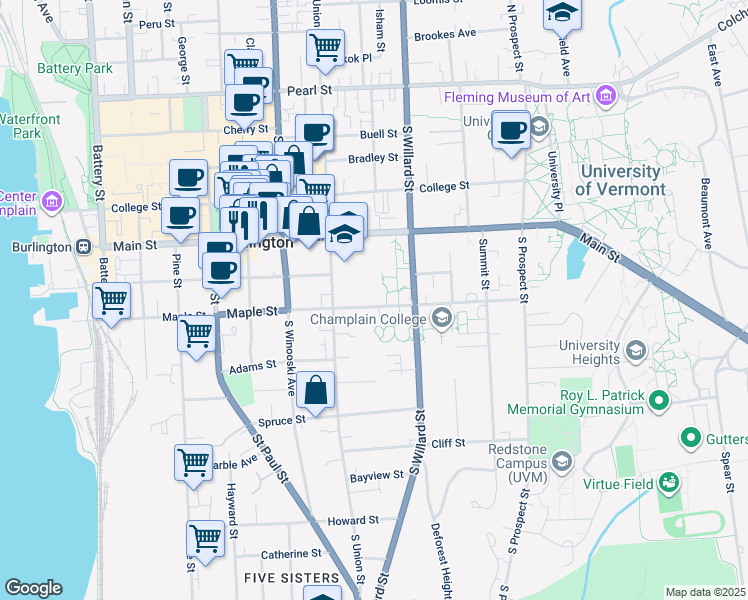 map of restaurants, bars, coffee shops, grocery stores, and more near 302 Maple Street in Burlington