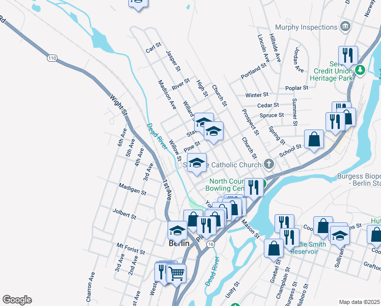 map of restaurants, bars, coffee shops, grocery stores, and more near 90 Hillside Avenue in Berlin