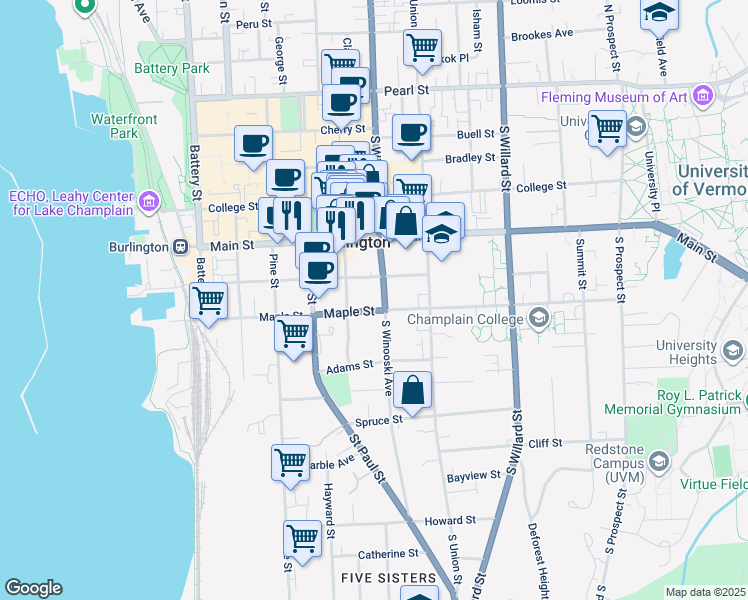 map of restaurants, bars, coffee shops, grocery stores, and more near 230 South Winooski Avenue in Burlington