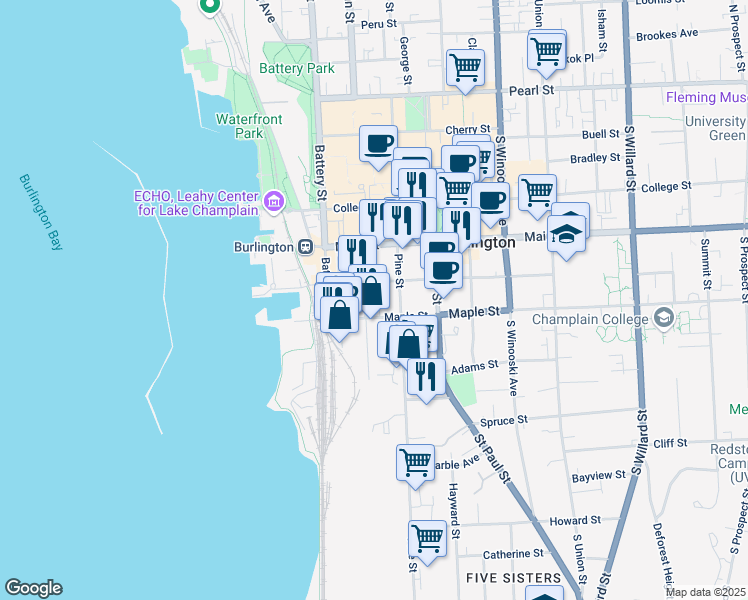 map of restaurants, bars, coffee shops, grocery stores, and more near 81 Maple Street in Burlington