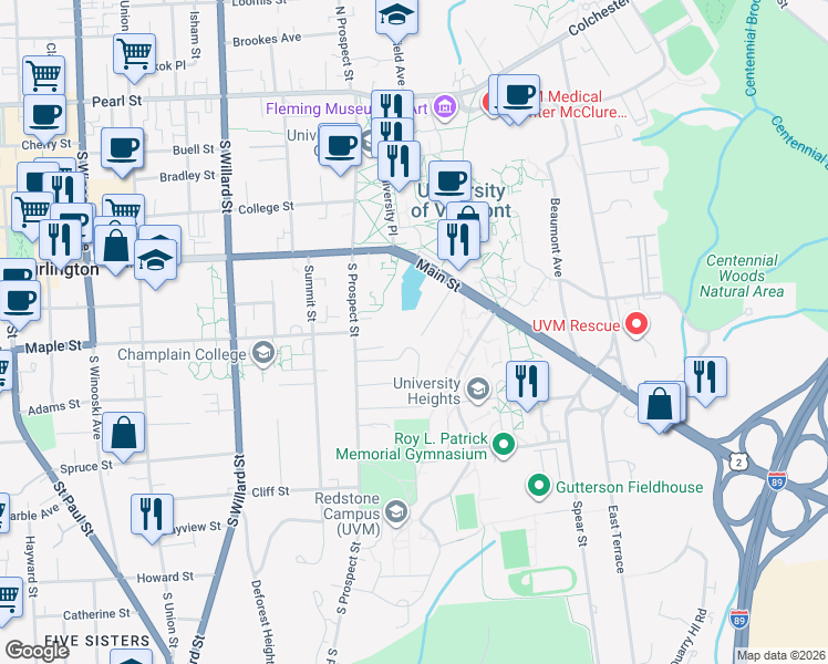 map of restaurants, bars, coffee shops, grocery stores, and more near 102 Robinson Parkway in Burlington