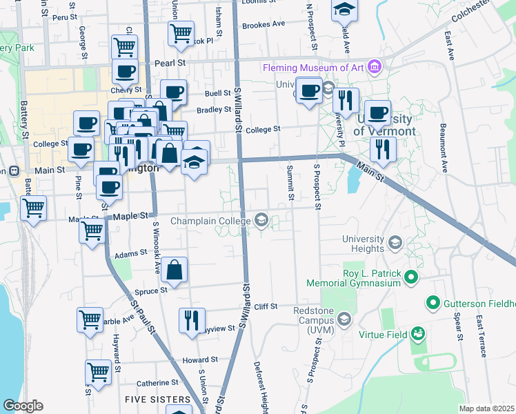 map of restaurants, bars, coffee shops, grocery stores, and more near 370 Maple Street in Burlington
