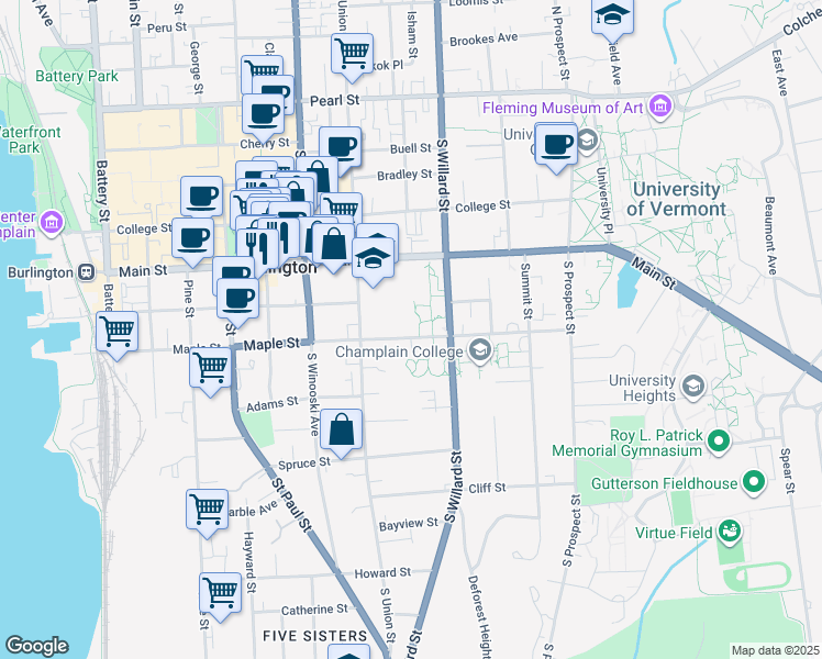 map of restaurants, bars, coffee shops, grocery stores, and more near 308 Maple Street in Burlington