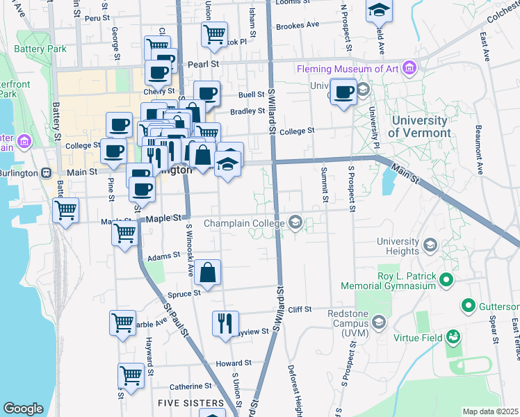 map of restaurants, bars, coffee shops, grocery stores, and more near 302 Maple Street in Burlington