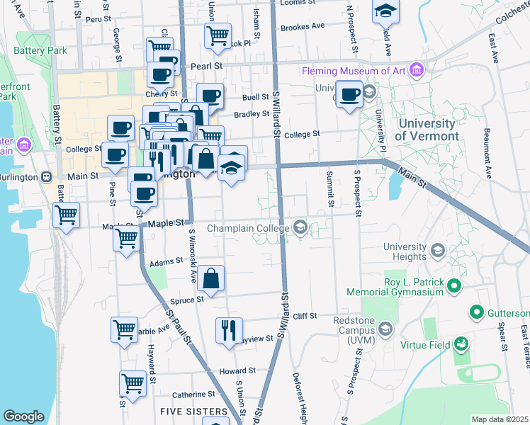 map of restaurants, bars, coffee shops, grocery stores, and more near 317 Maple Street in Burlington