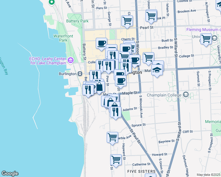 map of restaurants, bars, coffee shops, grocery stores, and more near 111 Maple Street in Burlington