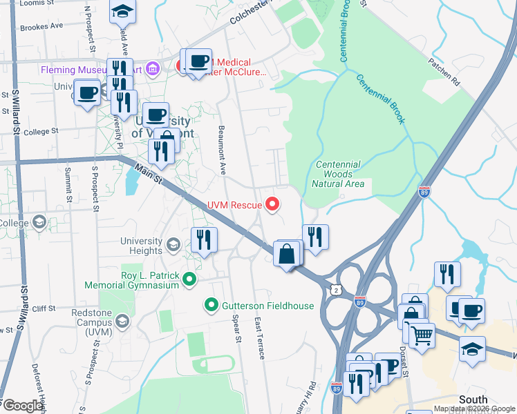 map of restaurants, bars, coffee shops, grocery stores, and more near 290 East Avenue in Burlington