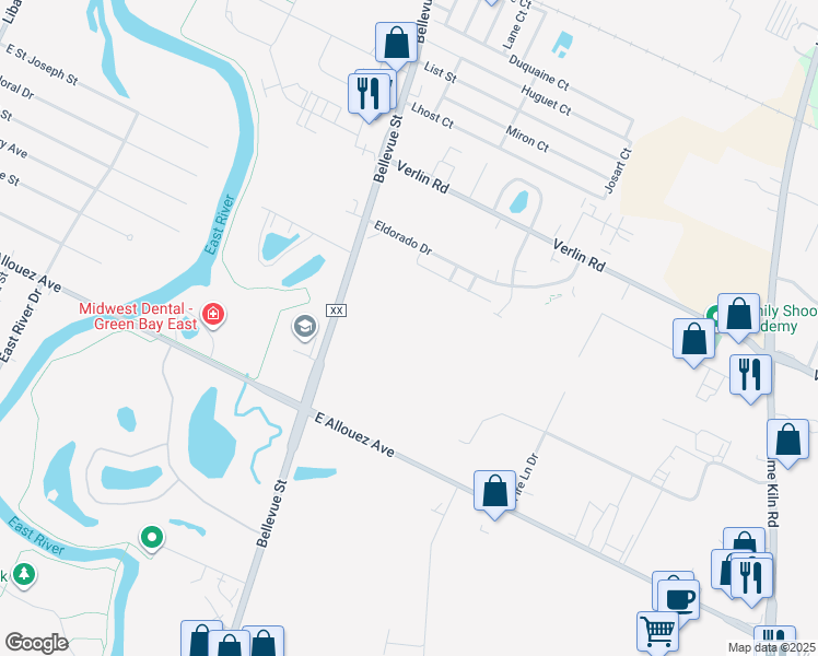 map of restaurants, bars, coffee shops, grocery stores, and more near 1401 Bellevue Street in Green Bay