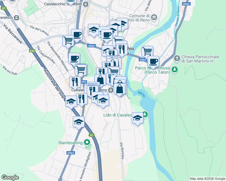 map of restaurants, bars, coffee shops, grocery stores, and more near 12 Via Camillo Ronzani in Casalecchio di Reno