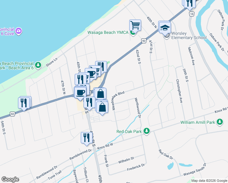 map of restaurants, bars, coffee shops, grocery stores, and more near 49 Red Pine Crescent in Wasaga Beach