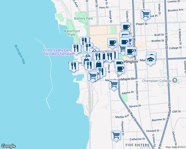 map of restaurants, bars, coffee shops, grocery stores, and more near 168 Battery Street in Burlington