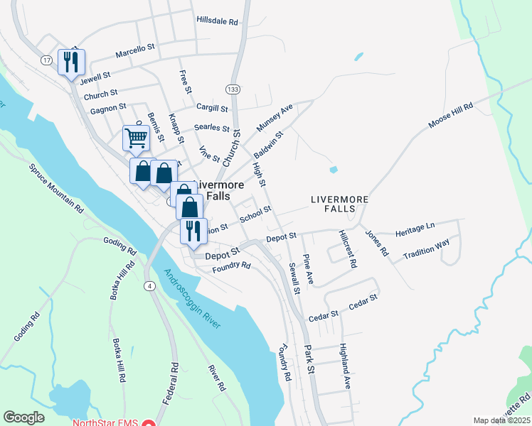 map of restaurants, bars, coffee shops, grocery stores, and more near 23 High Street in Livermore Falls