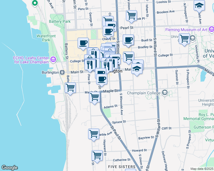 map of restaurants, bars, coffee shops, grocery stores, and more near 120 King Street in Burlington