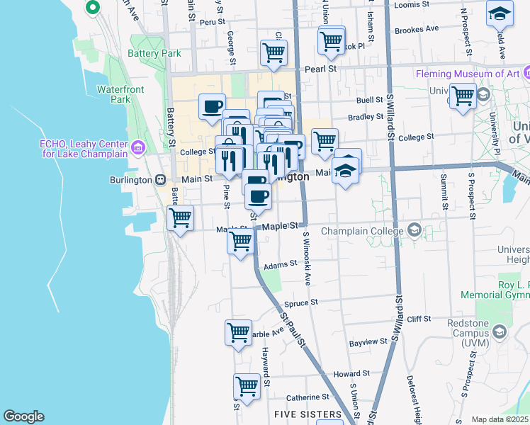 map of restaurants, bars, coffee shops, grocery stores, and more near 120 King Street in Burlington