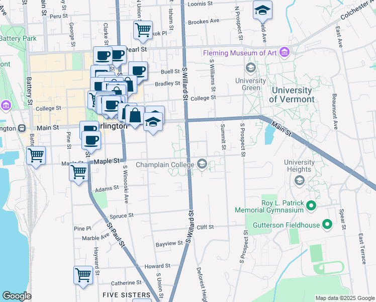 map of restaurants, bars, coffee shops, grocery stores, and more near 251 South Willard Street in Burlington