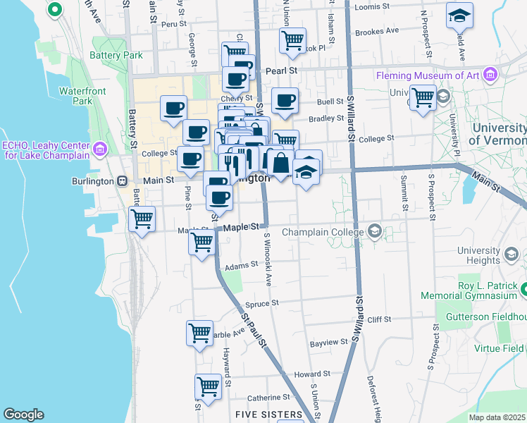 map of restaurants, bars, coffee shops, grocery stores, and more near 184 South Winooski Avenue in Burlington