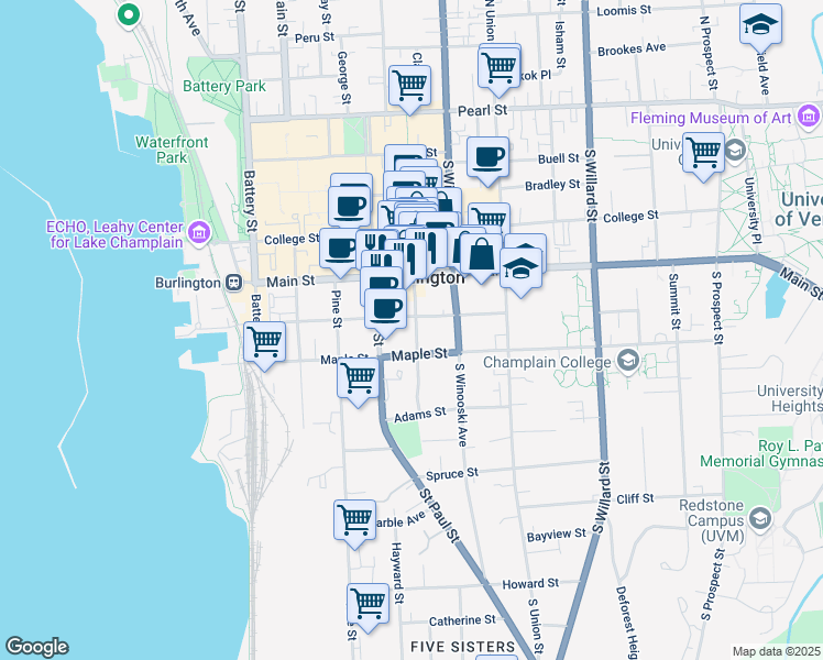 map of restaurants, bars, coffee shops, grocery stores, and more near 175 Main Street in Burlington