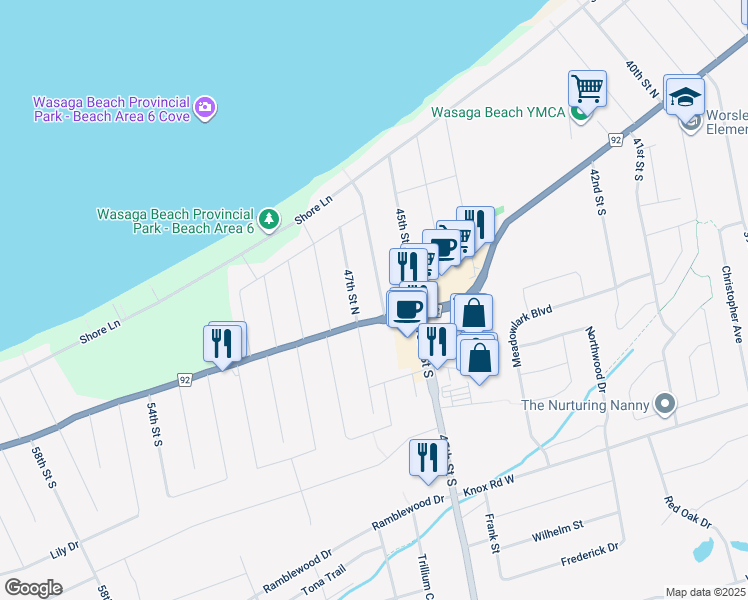 map of restaurants, bars, coffee shops, grocery stores, and more near 31 47th Street North in Wasaga Beach