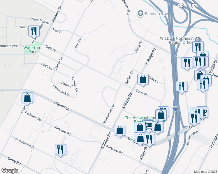map of restaurants, bars, coffee shops, grocery stores, and more near 1133 Hawthorn Road in Green Bay