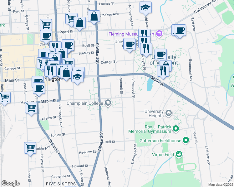 map of restaurants, bars, coffee shops, grocery stores, and more near 61 Summit Street in Burlington
