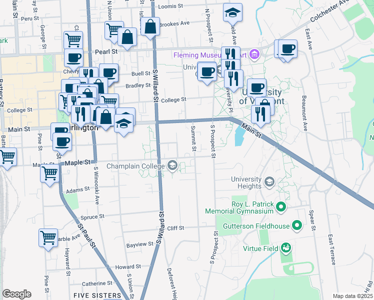 map of restaurants, bars, coffee shops, grocery stores, and more near 37 Summit Street in Burlington