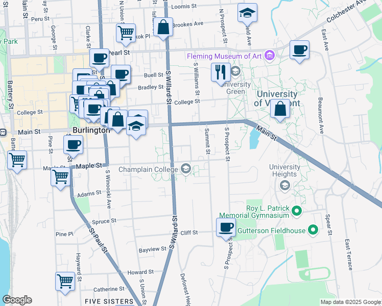 map of restaurants, bars, coffee shops, grocery stores, and more near 37 Summit Street in Burlington