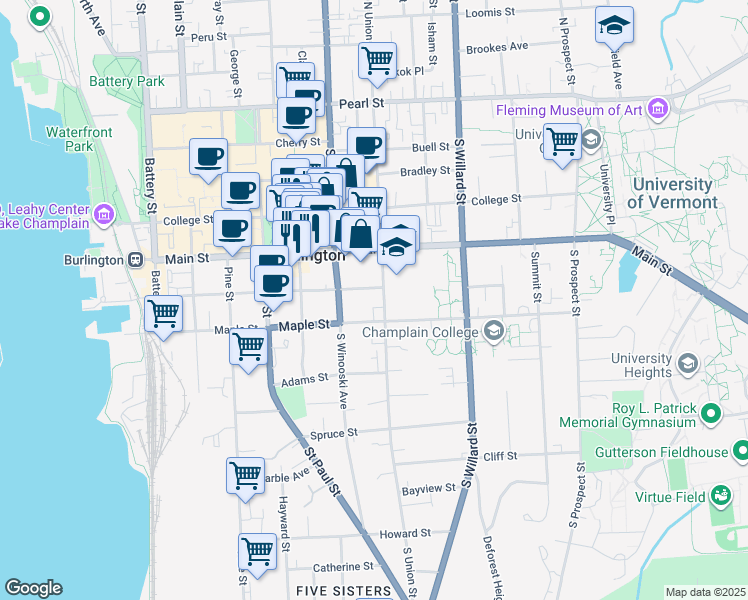 map of restaurants, bars, coffee shops, grocery stores, and more near 181 South Union Street in Burlington