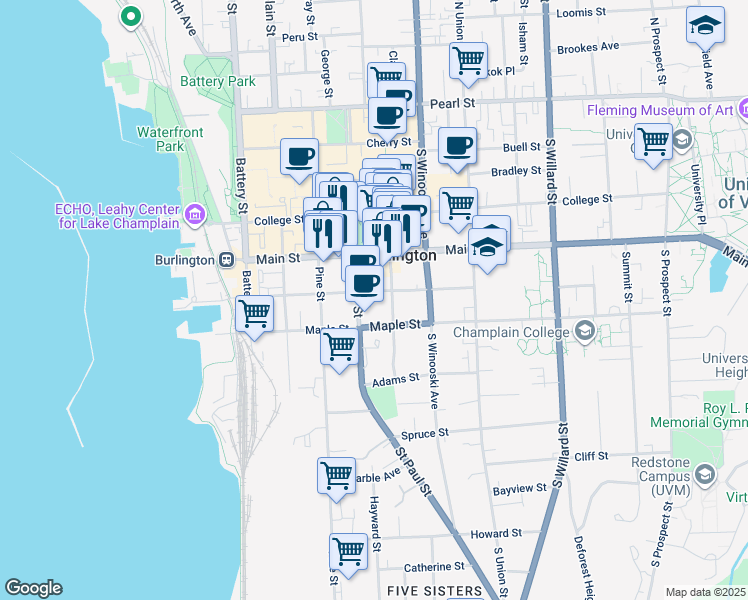 map of restaurants, bars, coffee shops, grocery stores, and more near 120 King Street in Burlington