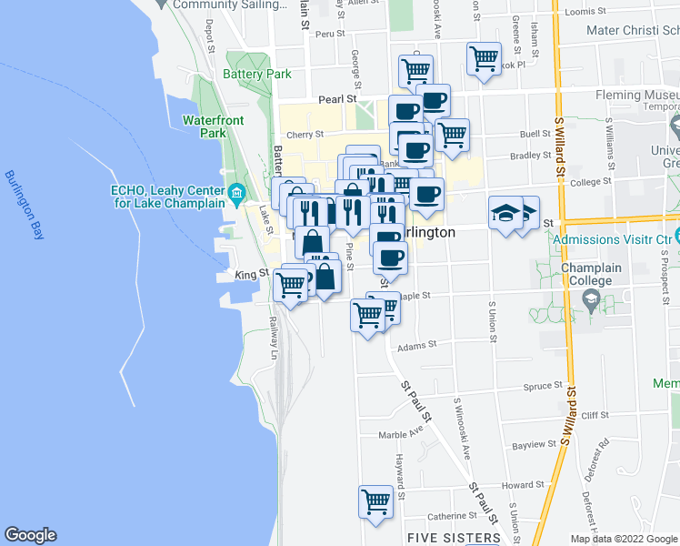 map of restaurants, bars, coffee shops, grocery stores, and more near 56 King Street in Burlington