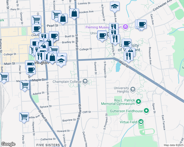 map of restaurants, bars, coffee shops, grocery stores, and more near 61 Summit Street in Burlington