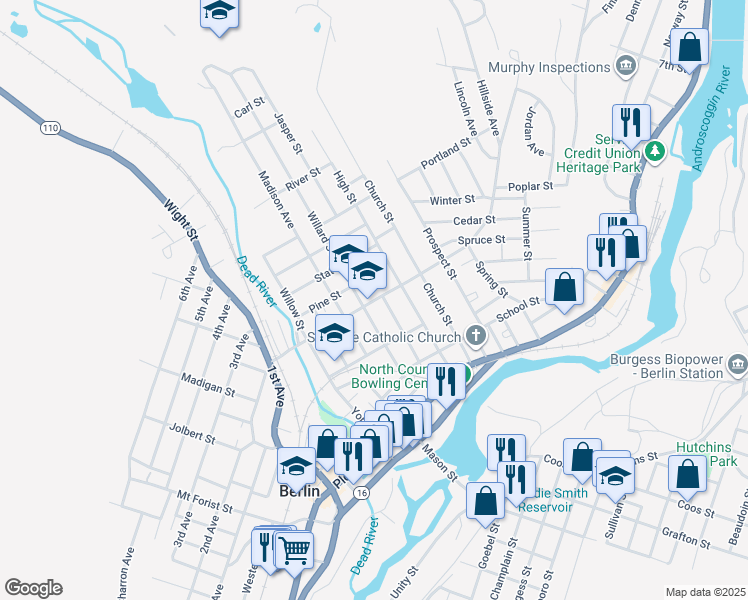 map of restaurants, bars, coffee shops, grocery stores, and more near 183 Hillside Avenue in Berlin
