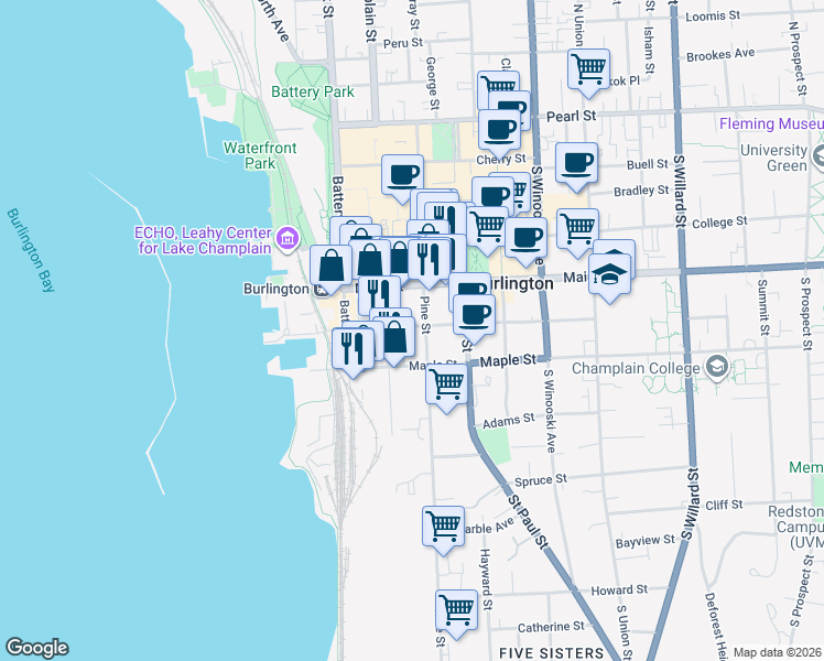 map of restaurants, bars, coffee shops, grocery stores, and more near 56 King Street in Burlington