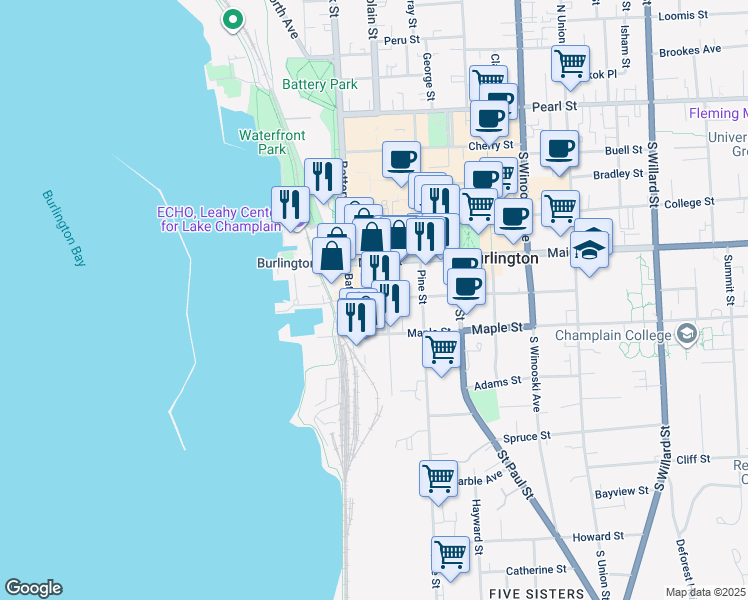 map of restaurants, bars, coffee shops, grocery stores, and more near 168 Battery Street in Burlington